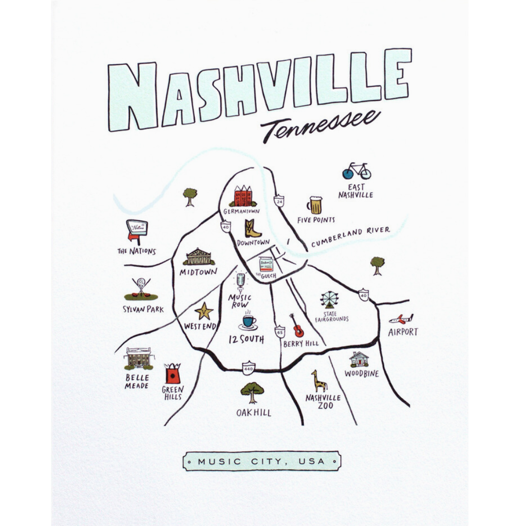 Nashville, Tennessee 8x10 art print of the neighborhoods in Music City. 