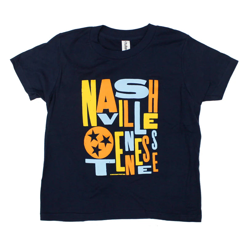 Navy Youth shirt with "Nashville Tennessee" in colorful scrambled letters with tristar emblem. 