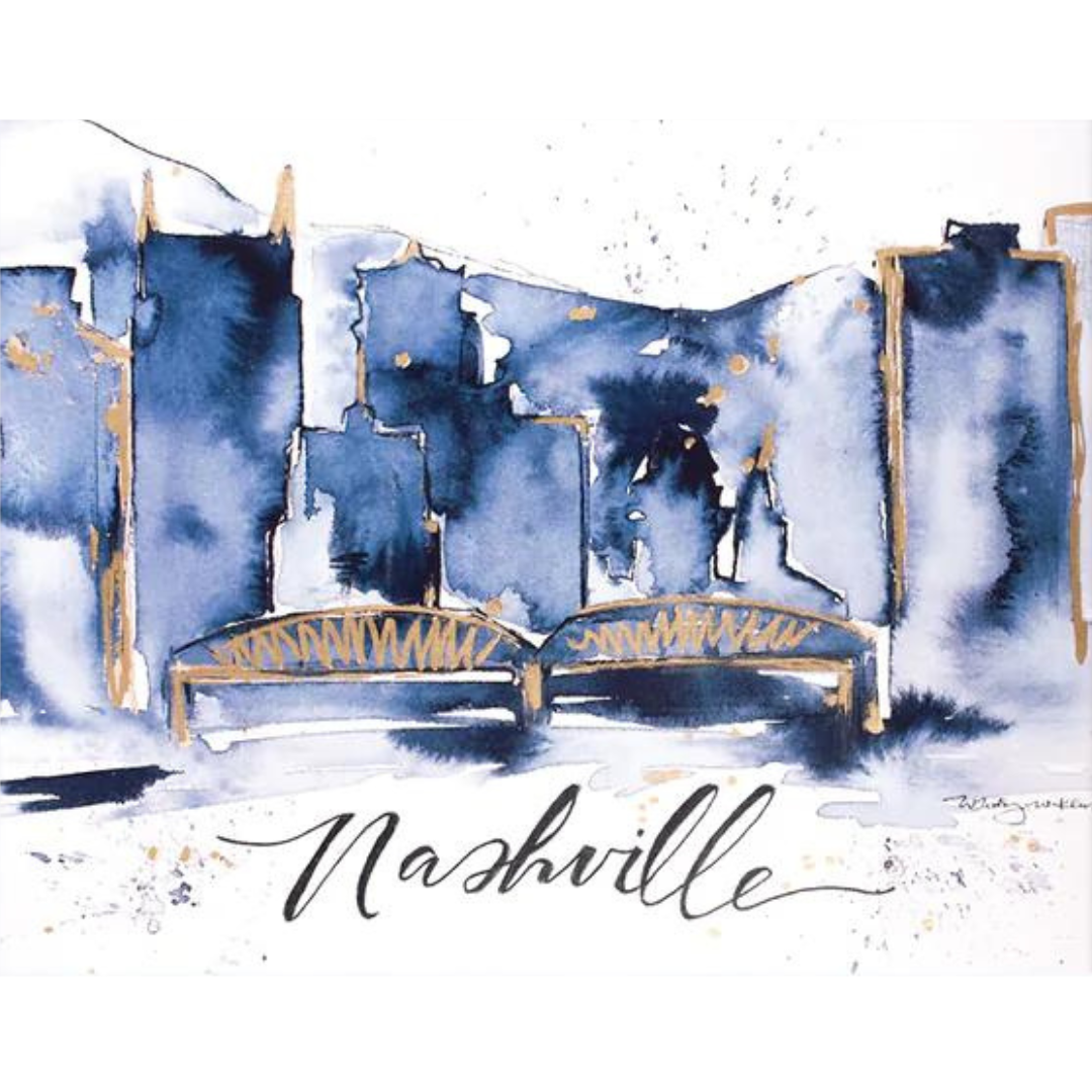 8x10 print by Tennessee artist Whitney Winkler. Beautiful outline of the Nashville skyline and bridge.
