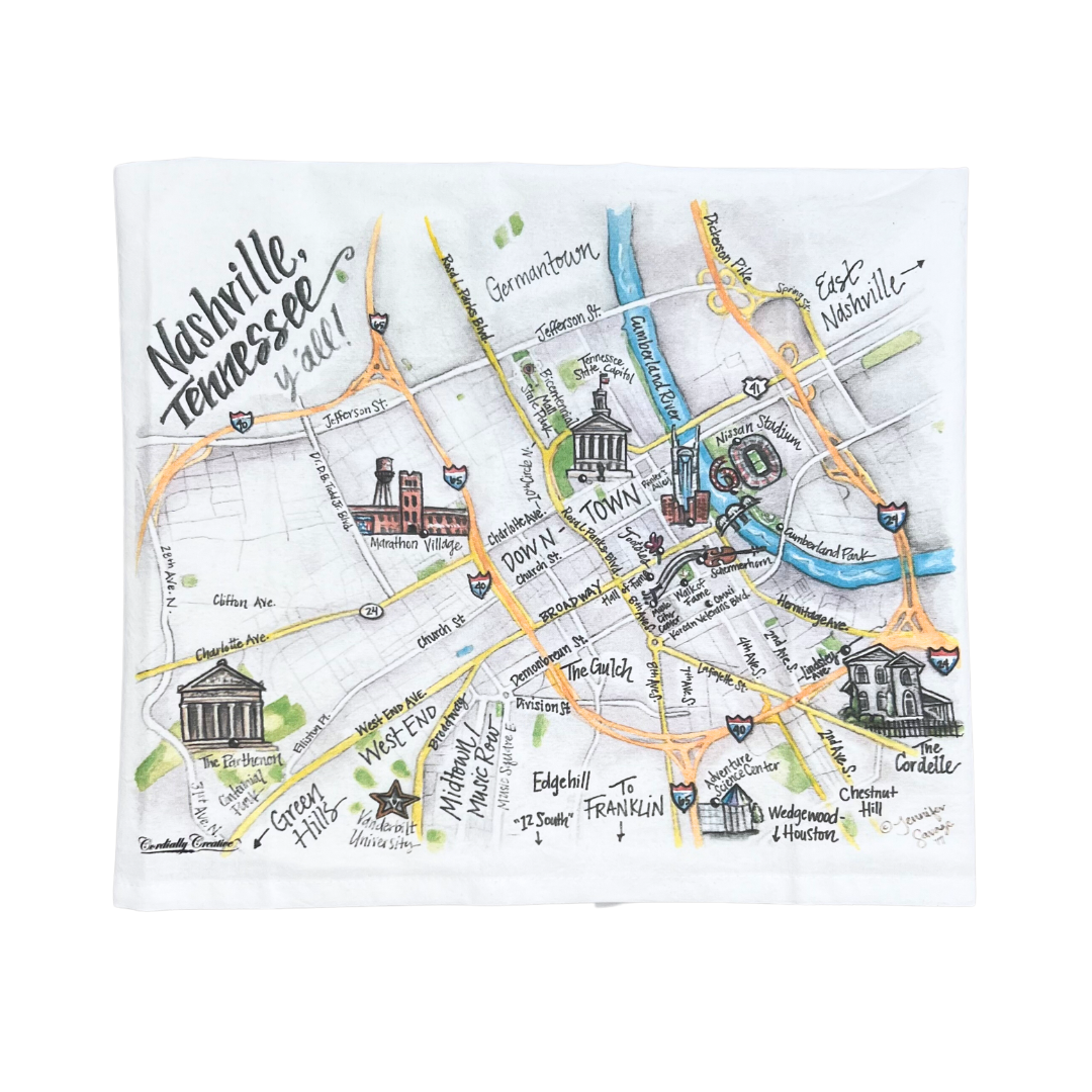 Nashville Tennessee Y'all Watercolor Map Towel