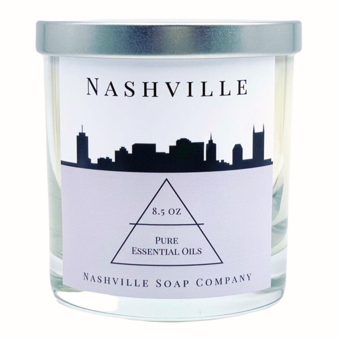 "Nashville" skyline candle from Nashville Soap Company for a good cause! 8.5 oz glass candle made with pure essential oils.