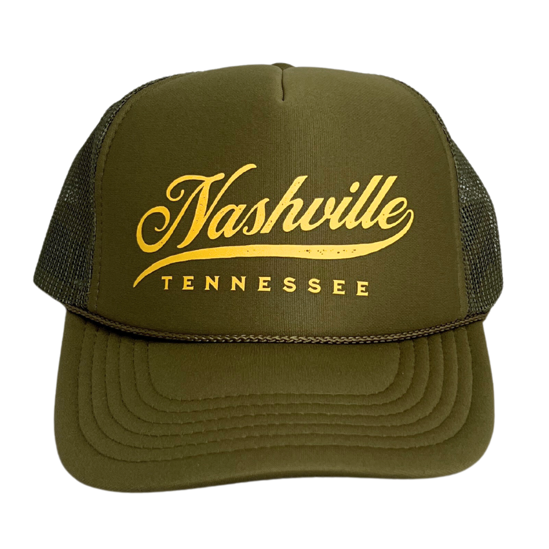 Nashville Tennessee Yellow and Green Script Trucker Hat