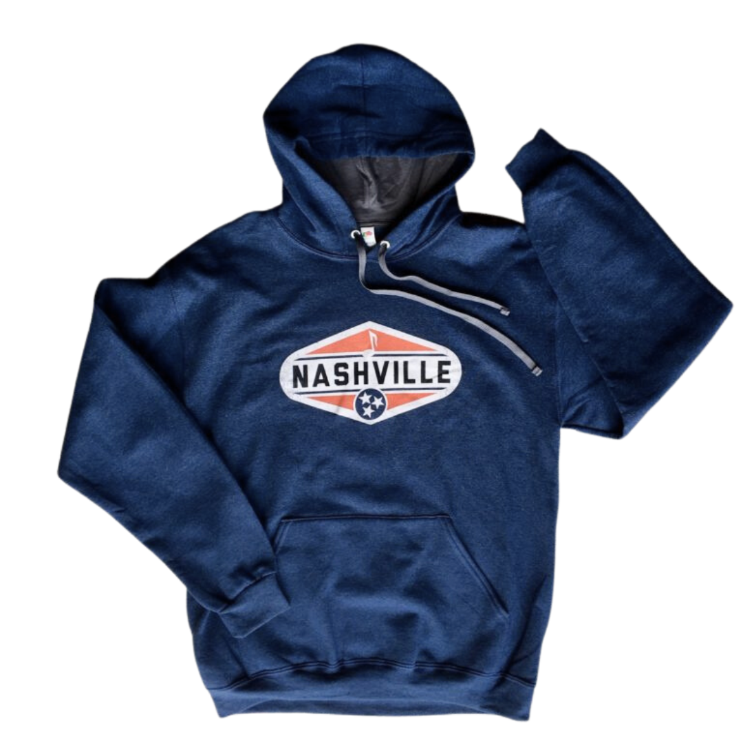 Navy hoodie sweatshirt with "Nashville" screen-printed in red and white oval with music note and tristar.  