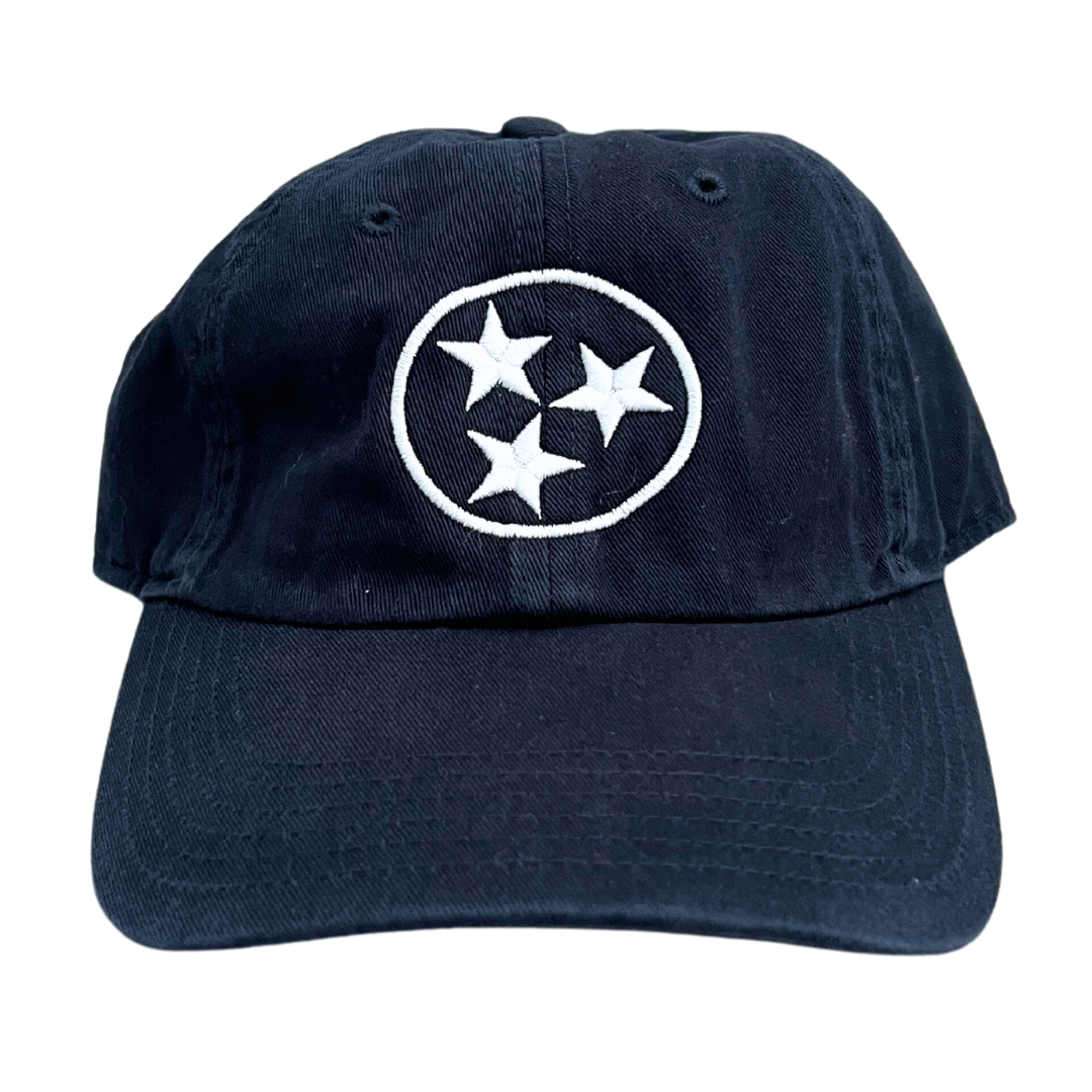 White stitched Tristar emblem on a navy washed chino hat.
