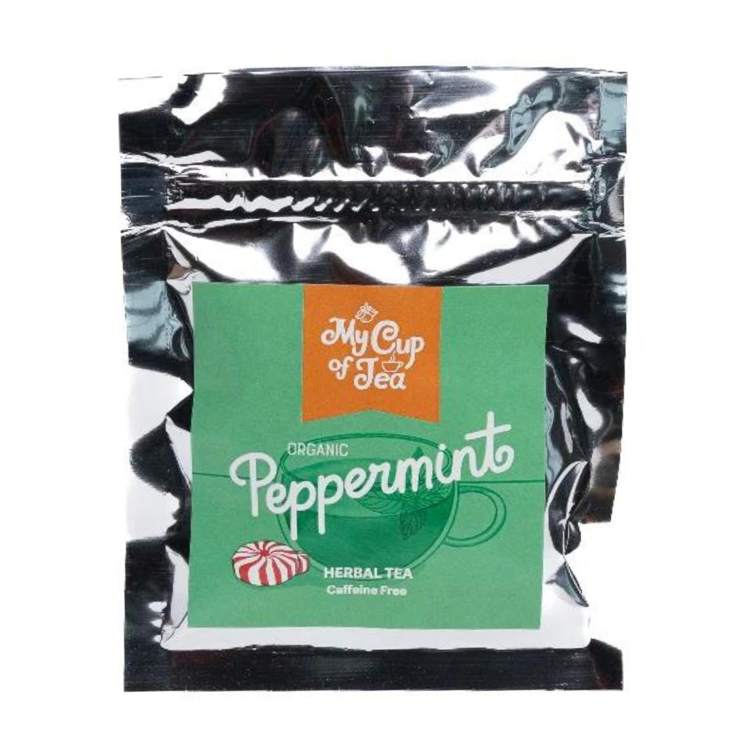 Small packet of organic peppermint tea. Has My Cup of Tea's logo on it.