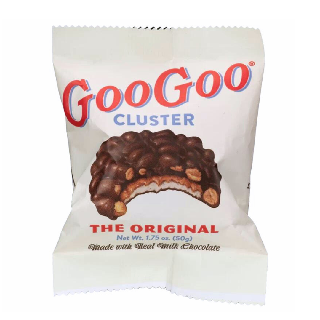 GooGoo Cluster candy bar with marshmallow nougat caramel and peanuts covered in chocolate.