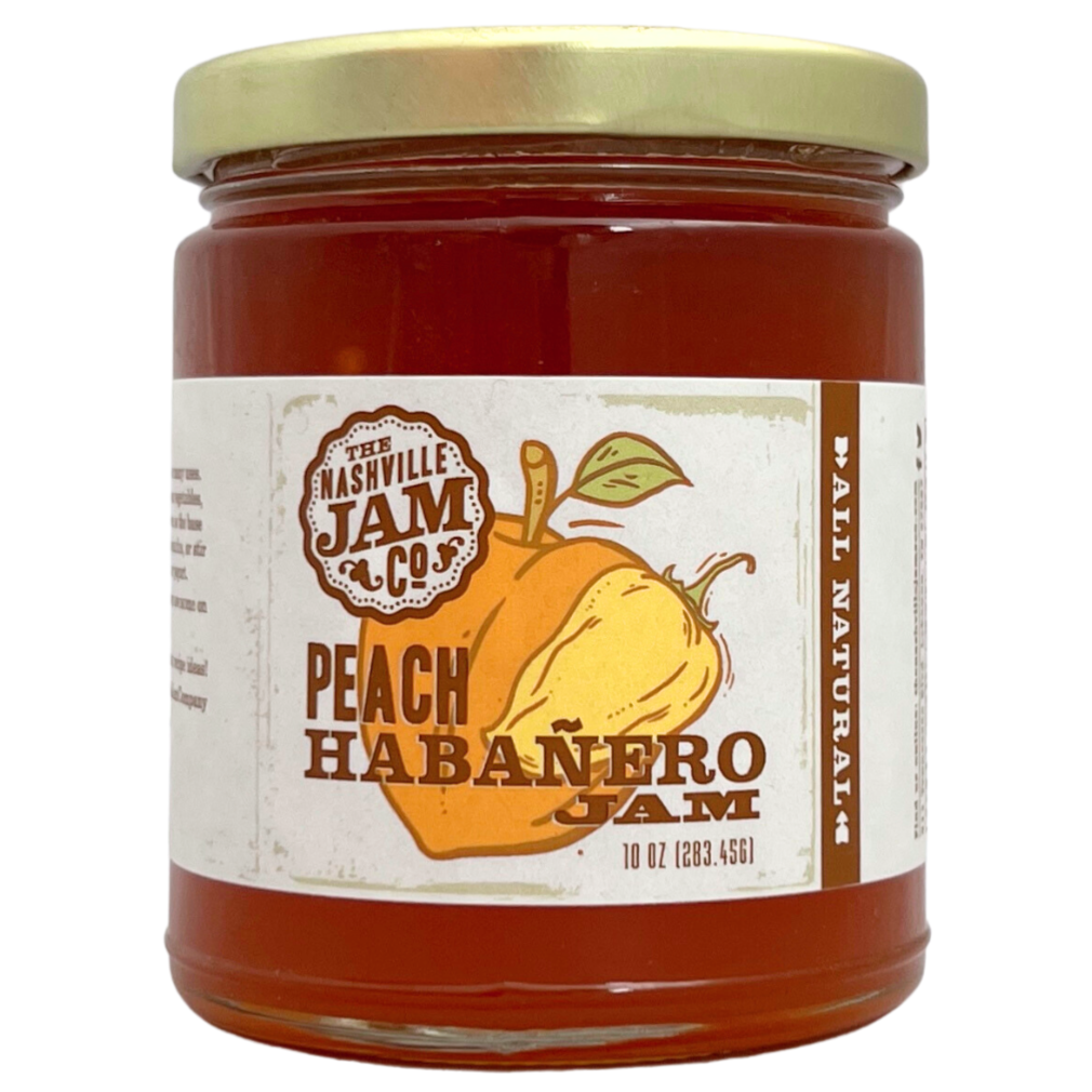 Peach Habanero jam in 10 oz clear glass jar with gold lid.