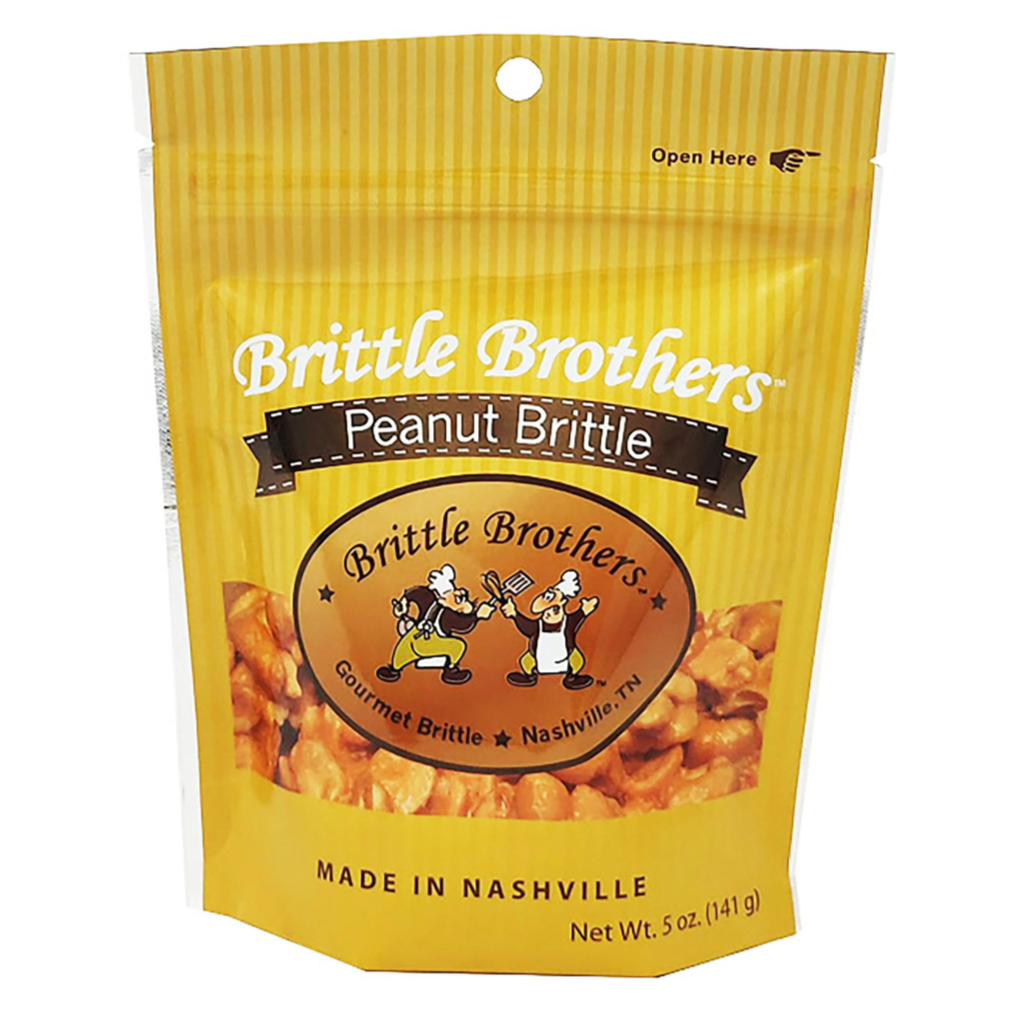 Nashville Peanut Brittle in 5 oz yellow bag with brand logo and picture of the brittle. 