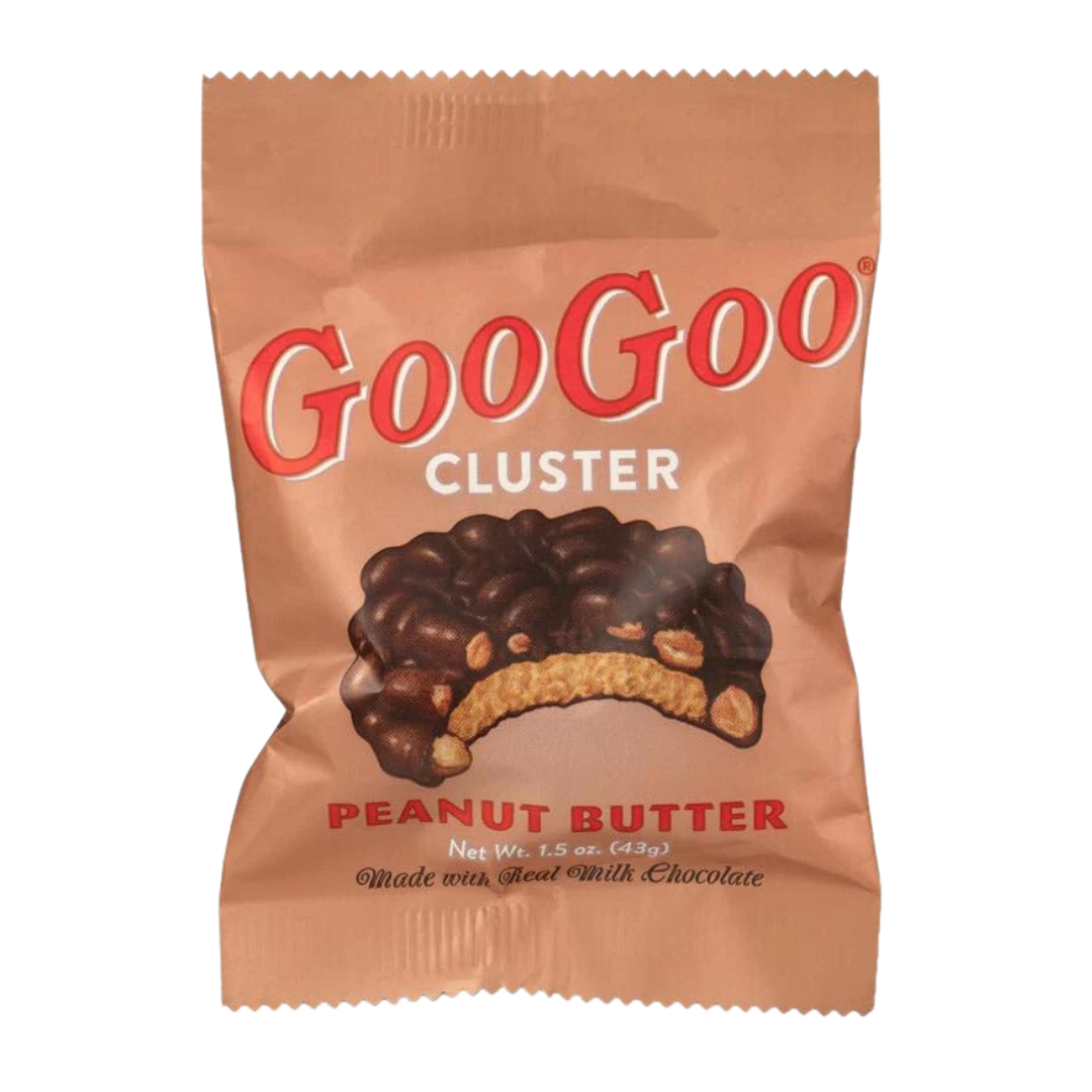 GooGoo Cluster candy bar with peanut butter nougat and peanuts covered in chocolate.