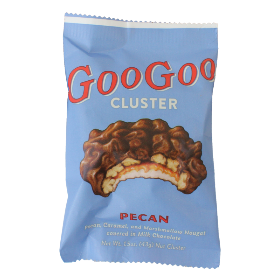 GooGoo Cluster candy bar with marshmallow nougat caramel and pecans covered in chocolate.