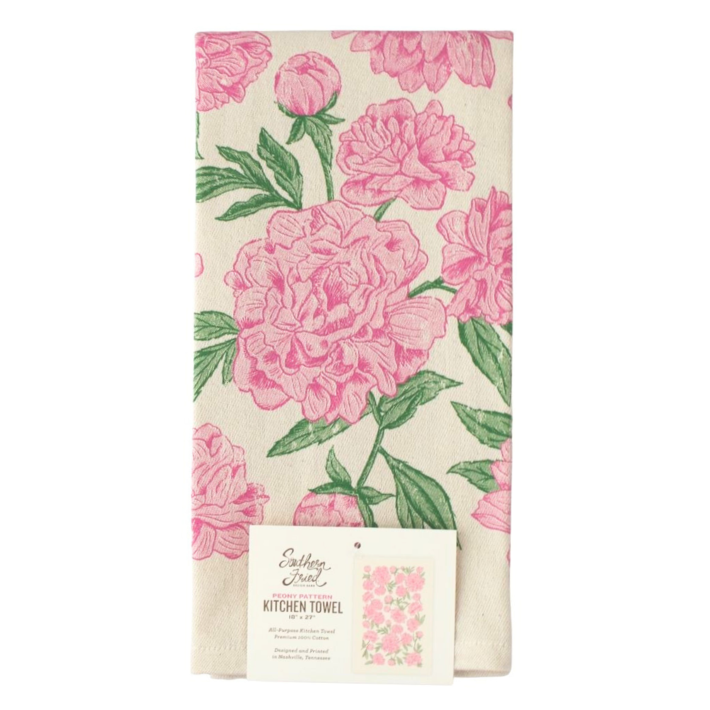 peony flowers screen printed on cotton kitchen towel in pink and green.