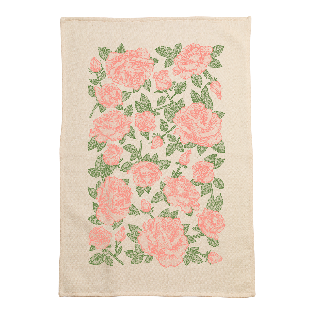 tea roses screen printed on cotton kitchen towel in pink and green.