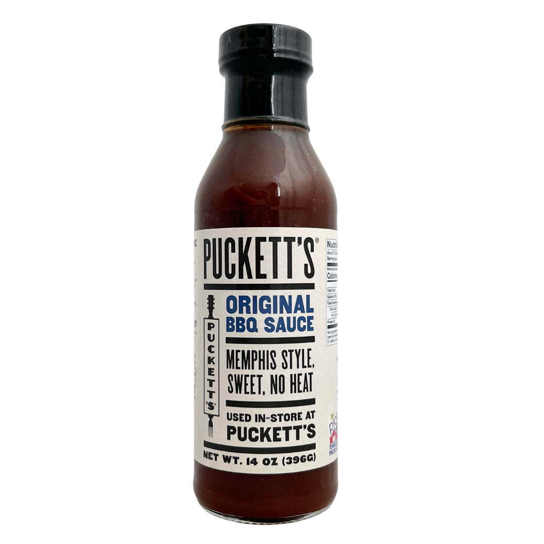 Glass bottle of Puckett's original bbq sauce. Original bbq sauce.