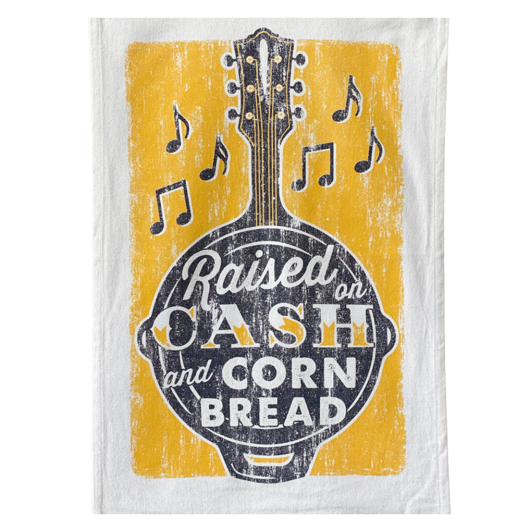 funny saying screen printed on cotton kitchen towel in black and yellow.