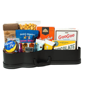 Collection of Tennessee snacks and chocolates assembled in a guitar shaped gift box. 