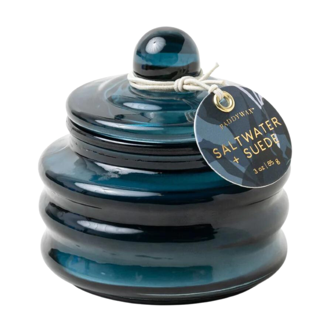 3 oz saltwater & suede candle in a glass beam that can be reused! Poured in Nashville, Tennessee by Paddywax. 