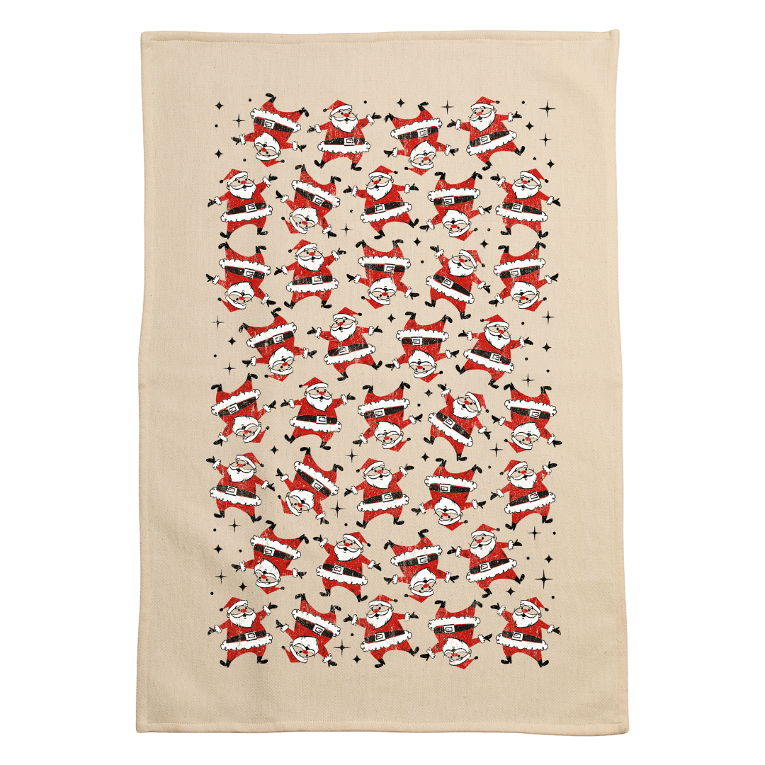 santa motif screen printed on cotton kitchen towel in red