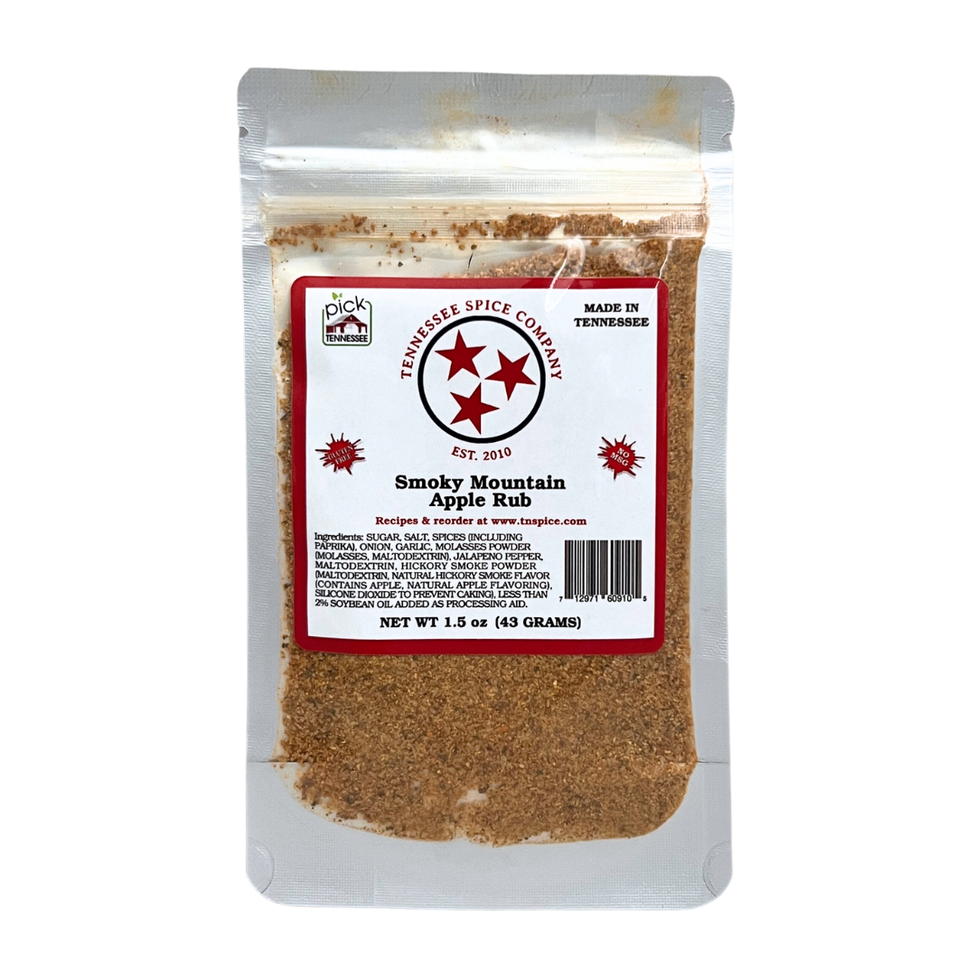 Clear packet of smoky mountain apple rub from Tennessee Spice Company. 
