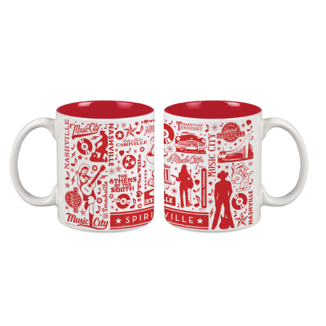 Spirit of Nashville mug. Red and white composite with original art all around. Features country singers, records, guitars, music city, the tristar, and more.