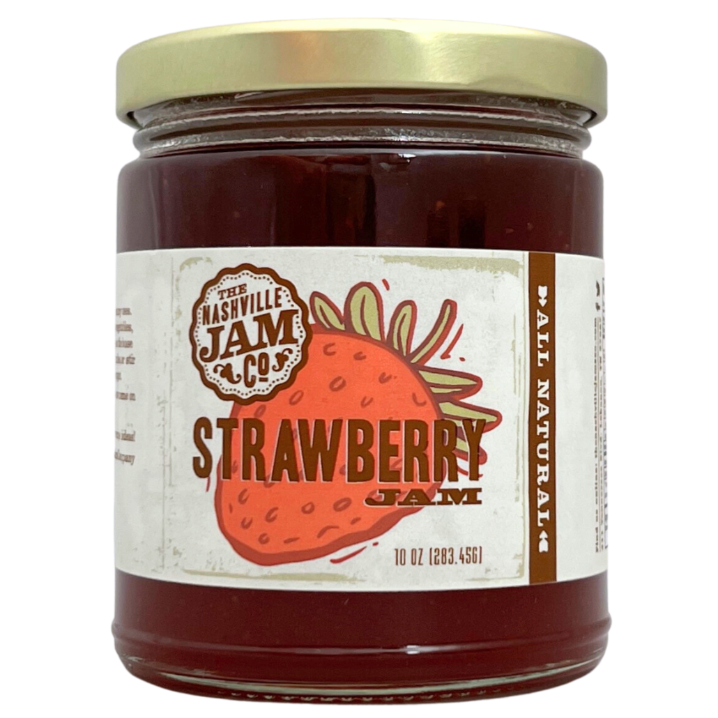 Strawberry jam in 10 oz clear glass jar with gold lid.