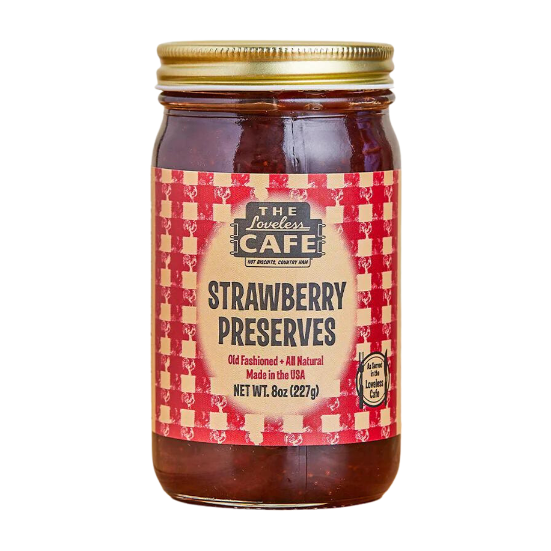 8 oz of all natural Strawberry Preserves made in the USA by the Loveless Cafe. 