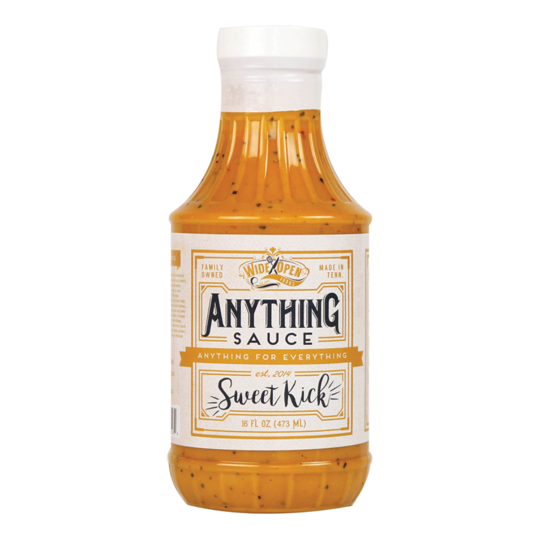 16 lf oz sweet kick anything sauce in plastic bottle. 