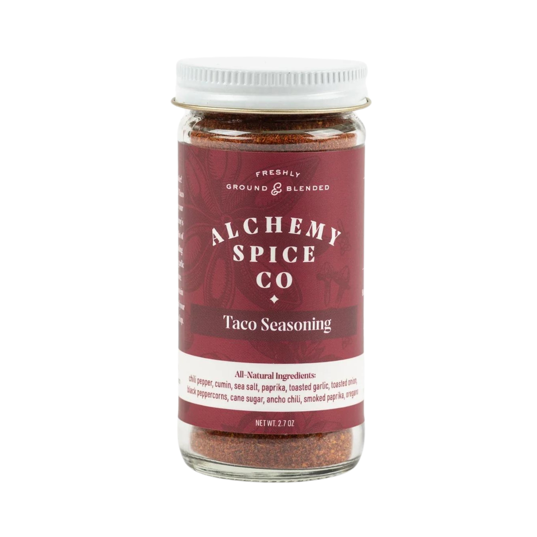 Taco Seasoning seasoning in glass bottle with resealable lid.