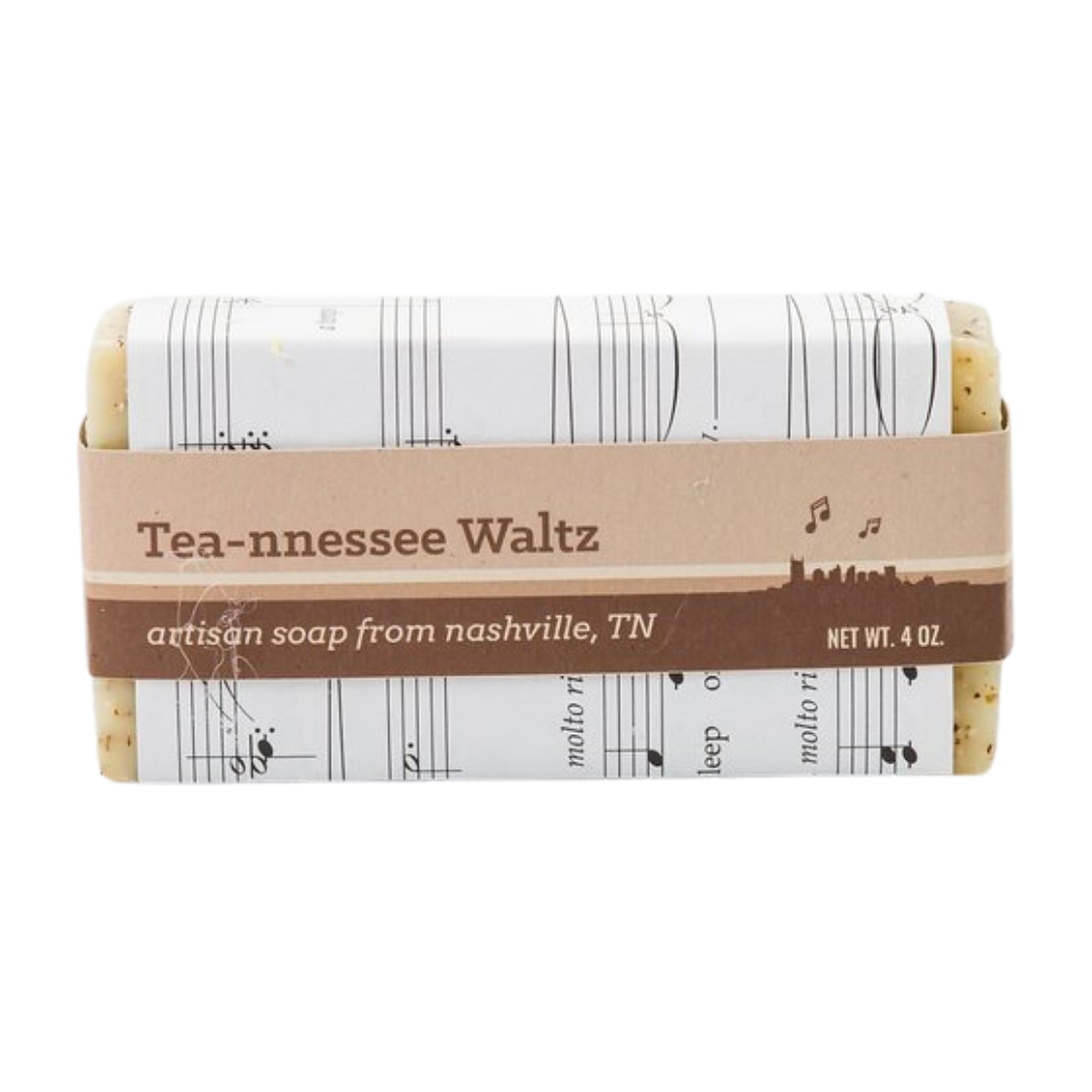 4 oz tea-nnessee waltz soap bar, tea leaves for exfoliation, scented with tea tree oil. 