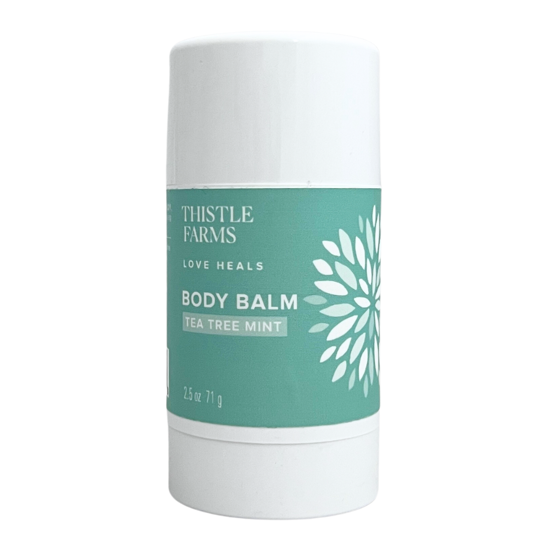 2.5 oz Tea Tree Mint Body Balm roll on with solid twist top cap. 