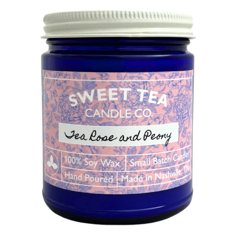 "Tea Rose and Peony" by Sweet Tea Candle Company. 100% soy wax, small batch candles, hand poured in Nashville, Tennessee.