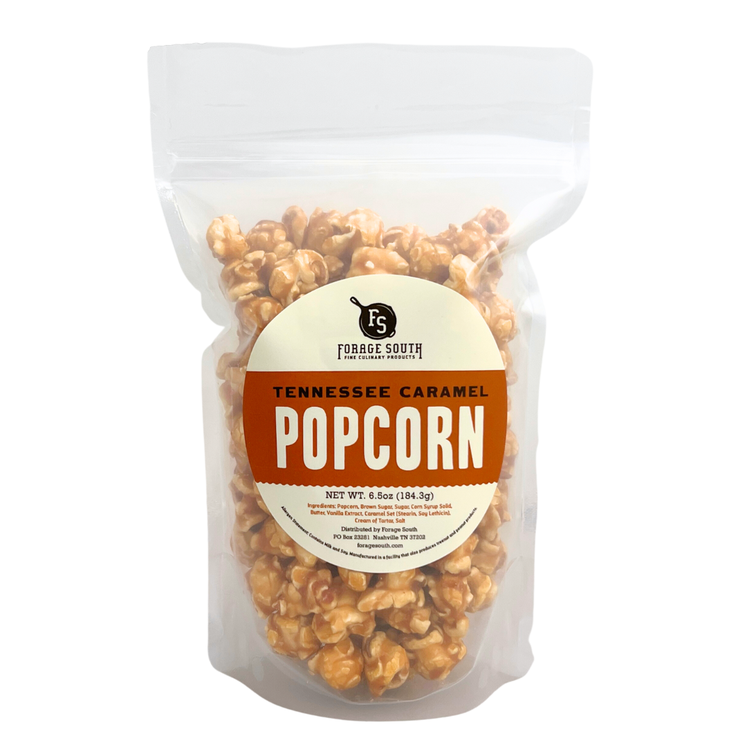 5 cups of caramel covered popcorn in clear bag.