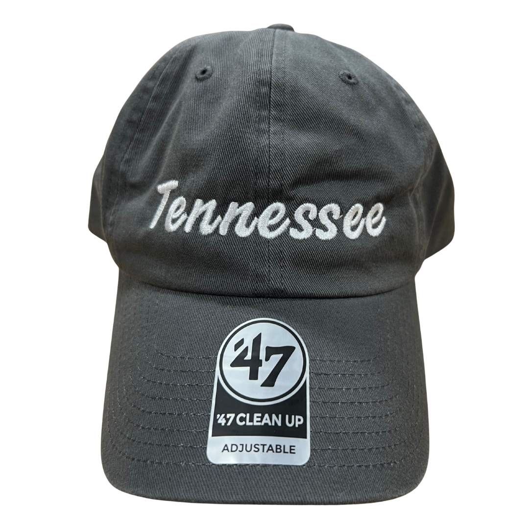 "Tennessee" embroidered in white on a grey washed chino hat