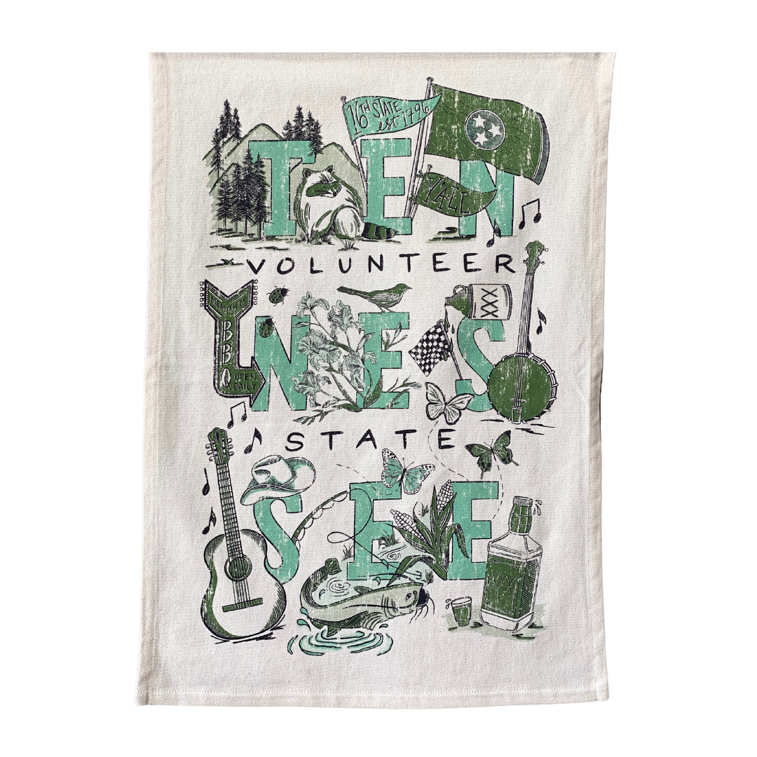 tennessee state icons screen printed on cotton kitchen towel in green and teal.