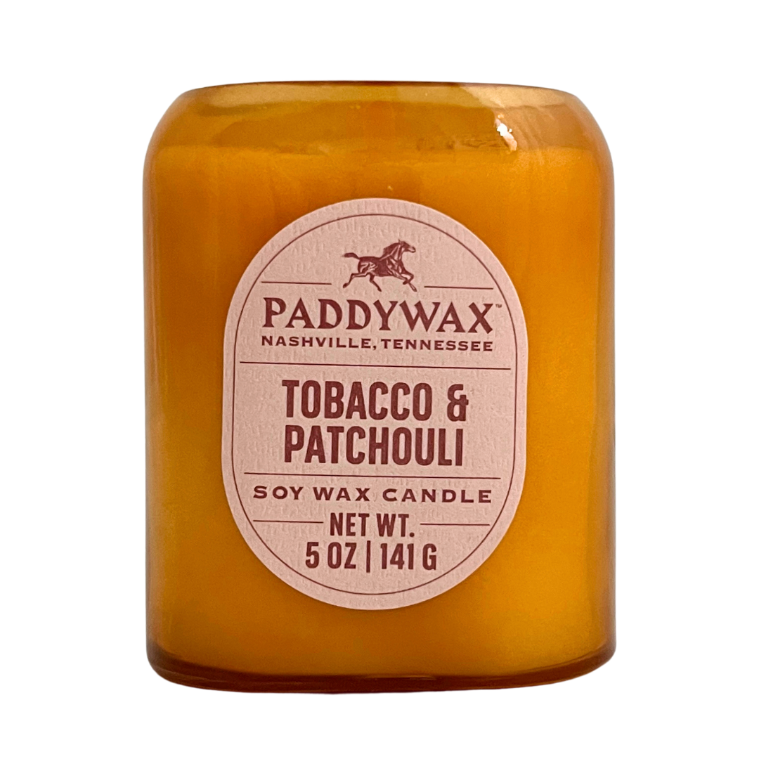 "Tobacco and Patchouli" soy wax candle from Paddywax is 5 oz. Poured in Nashville, Tennessee.