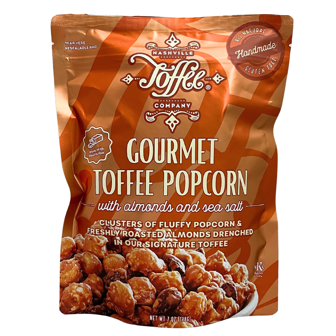 7 oz resealable bag of toffee coated popcorn and almonds. Kosher.