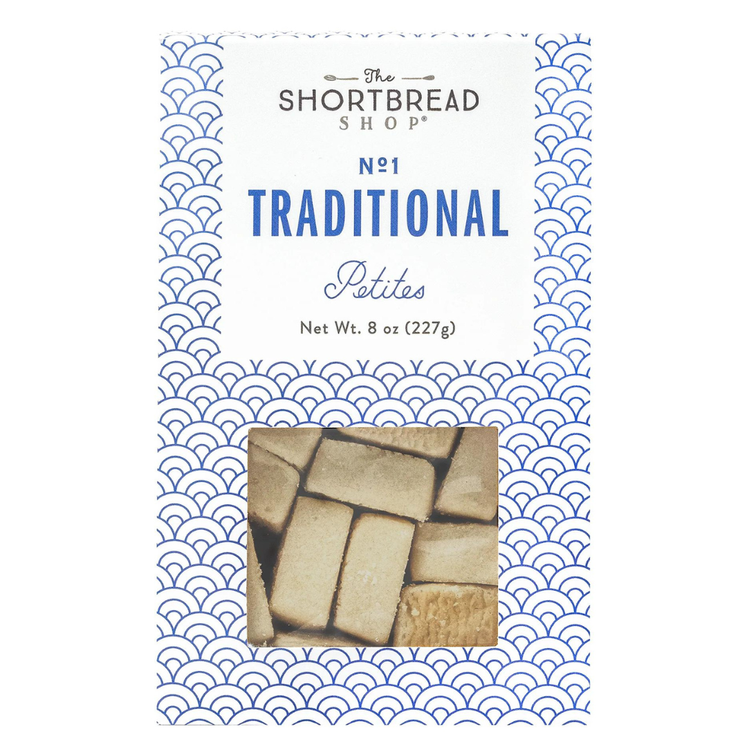 Blue and white box of traditional petite shortbread bites. 