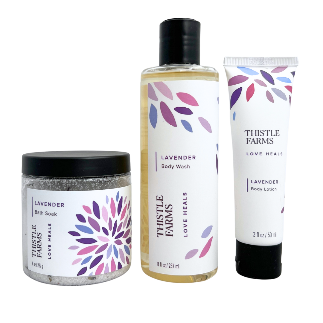 set of 3 travel size bath and body essentials in a travel pouch. 
