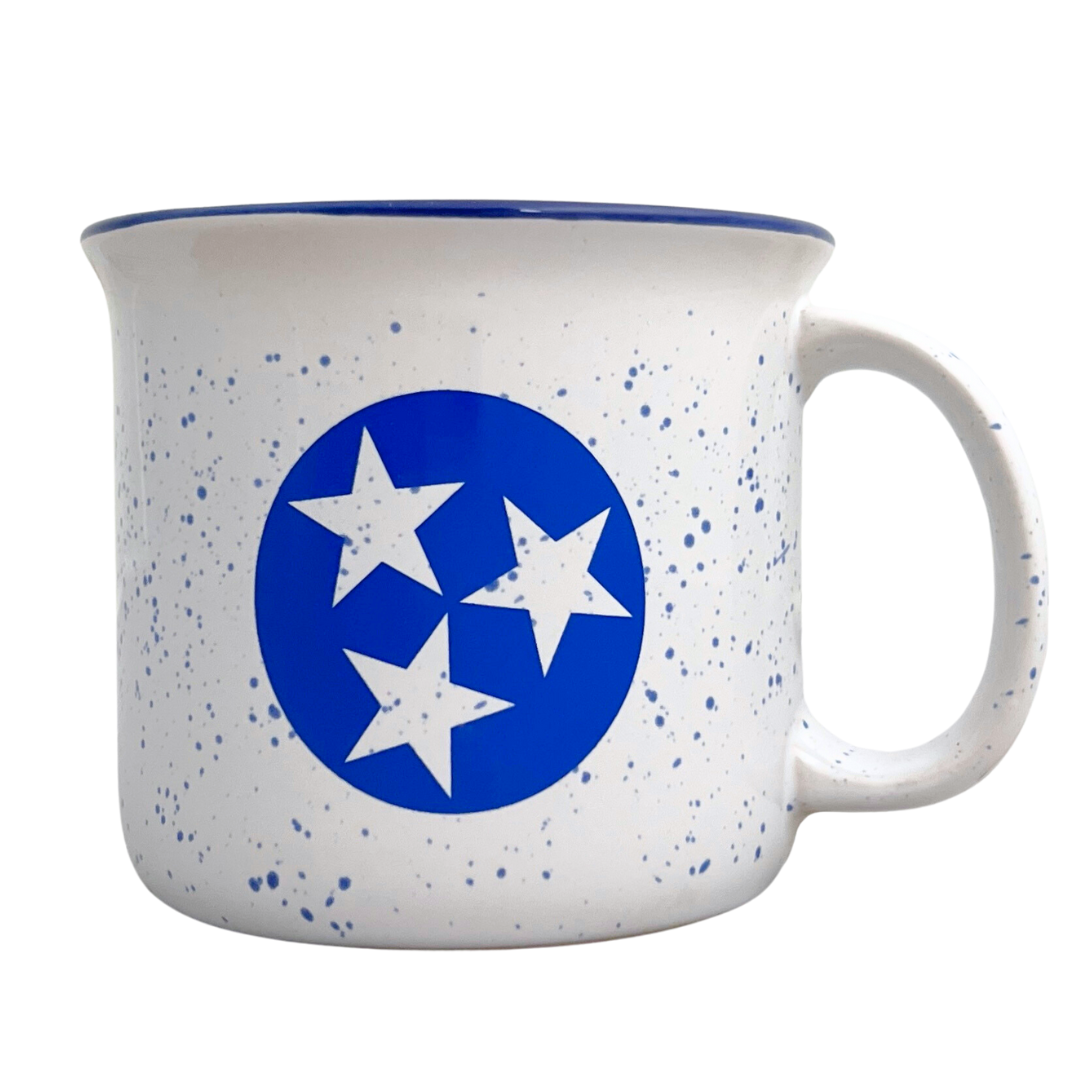 15 oz blue and white tristar camp style ceramic mug. 