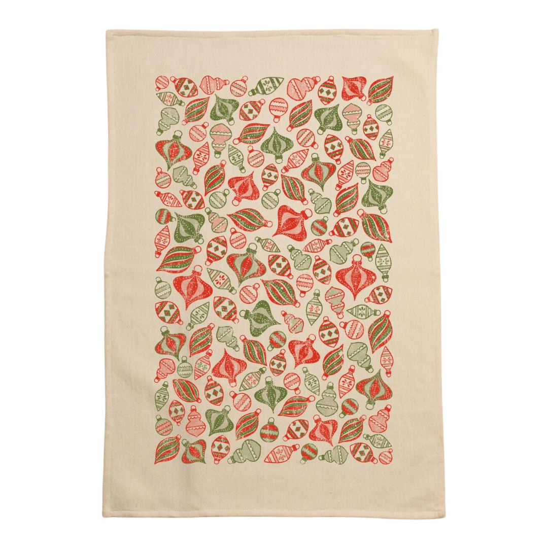 vintage ornaments screen printed on cotton kitchen towel in red and green