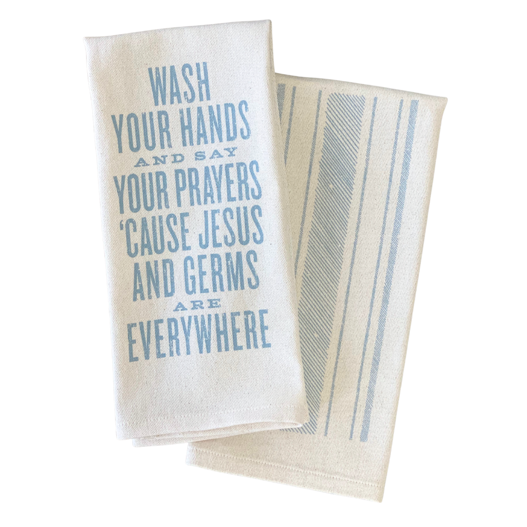 funny saying screen printed on cotton kitchen towel in blue