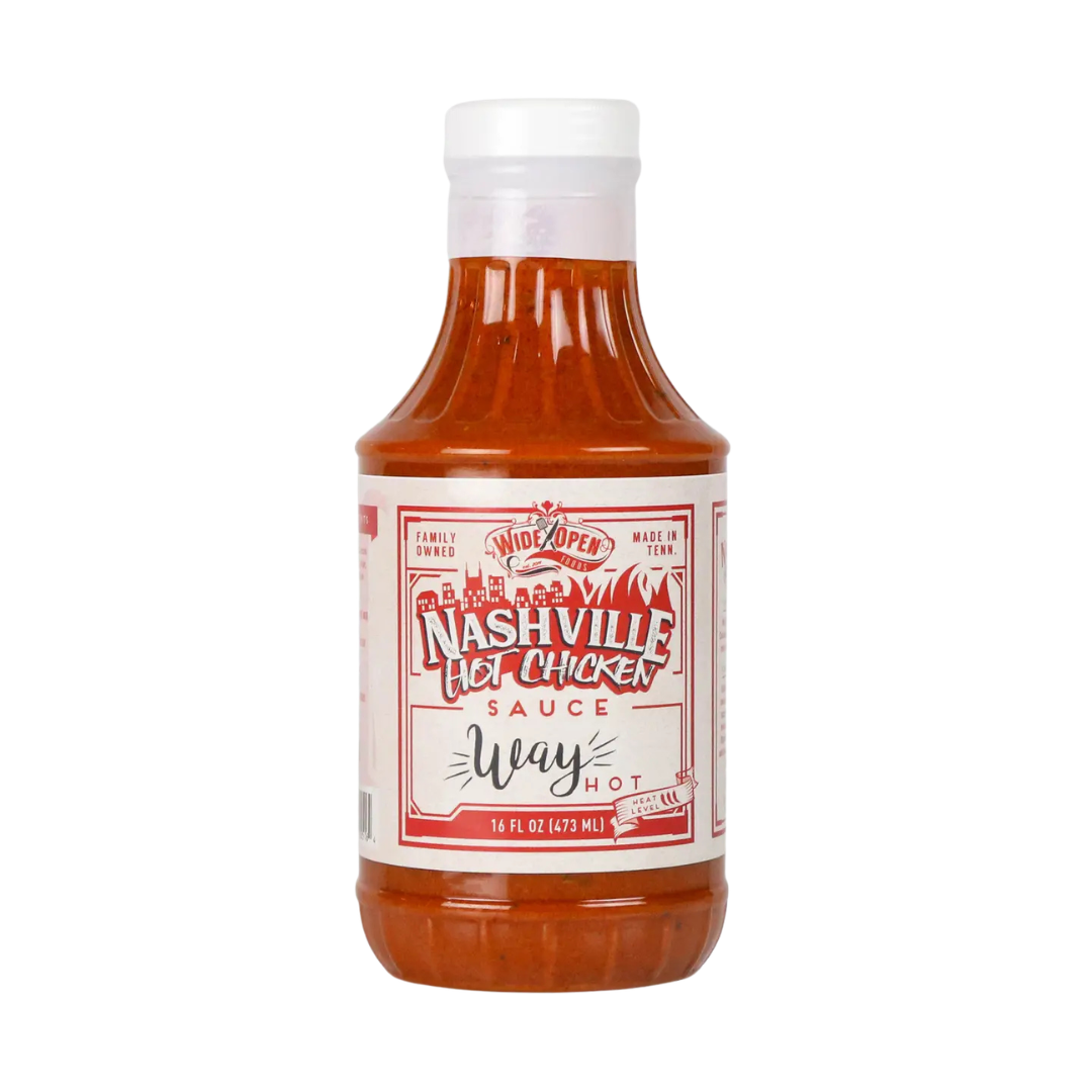 16 fl oz Nashville Almost Way Hot Chicken Sauce in plastic bottle. 