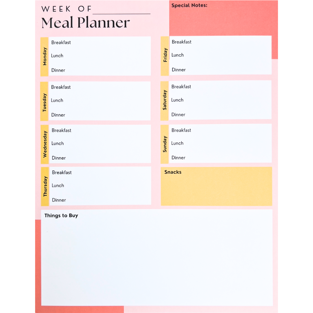Weekly meal planner, breakfast, lunch, dinner, snacks with note section. 