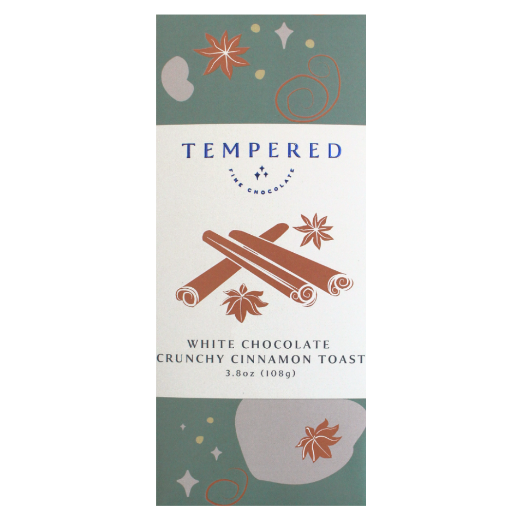 Tempered chocolate bar, white chocolate crunchy cinnamon toast, 3.8 oz. Cinnamon artwork.
