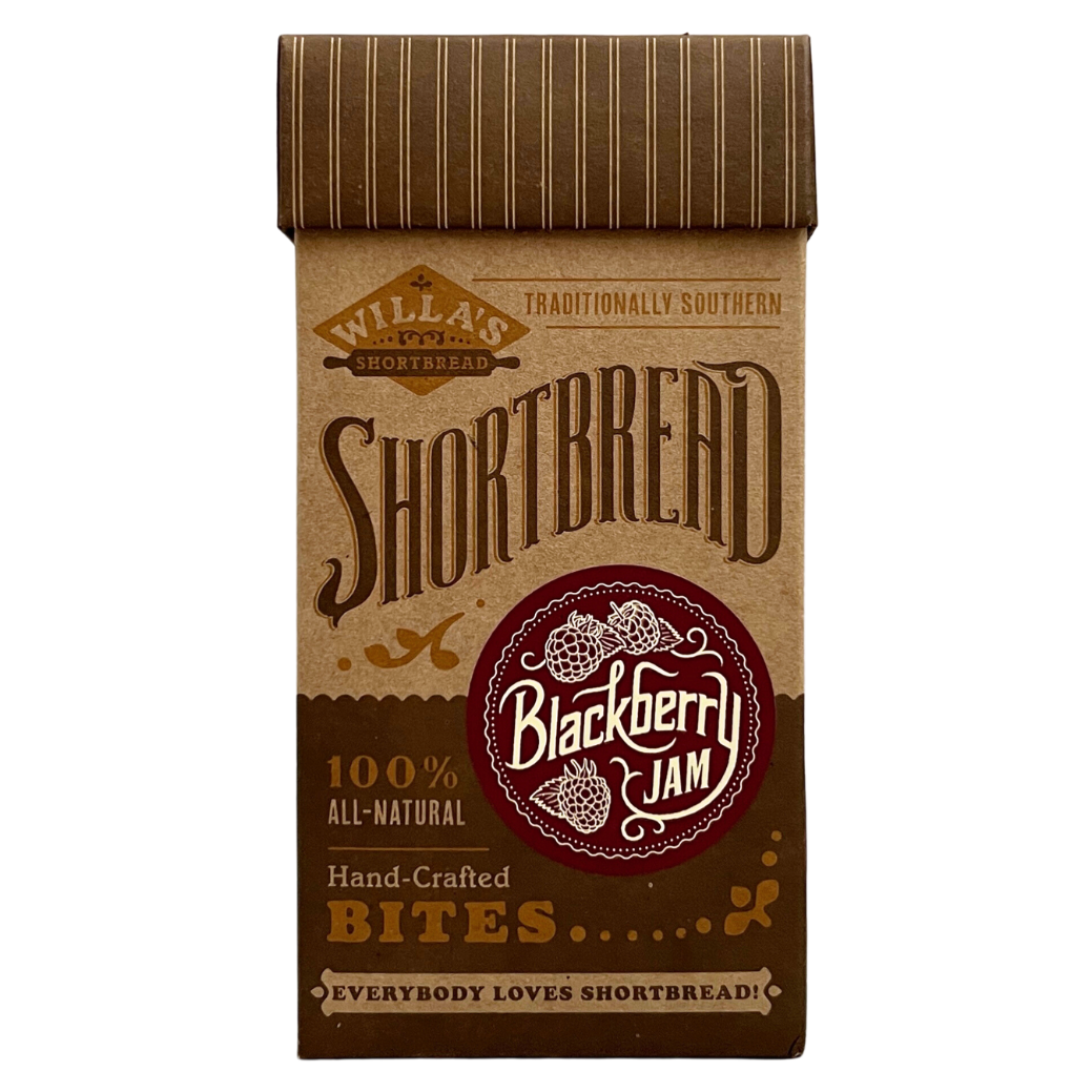 Kraft box filled with bite size blackberry shortbread cookies.