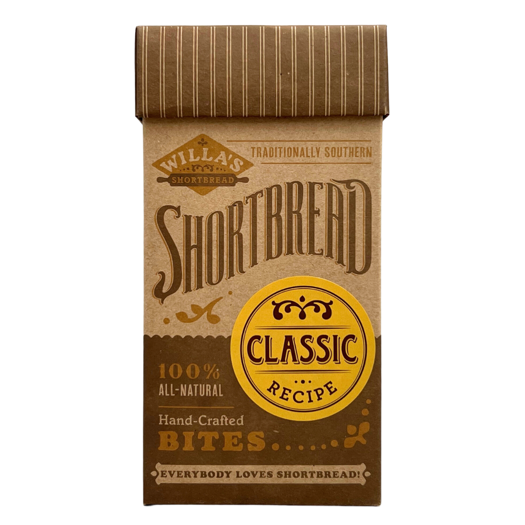 Kraft box filled with bite size classic shortbread cookies.