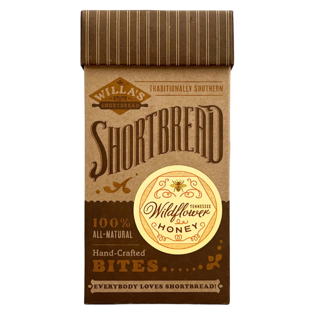 Kraft box filled with bite size wildflower honey shortbread cookies.