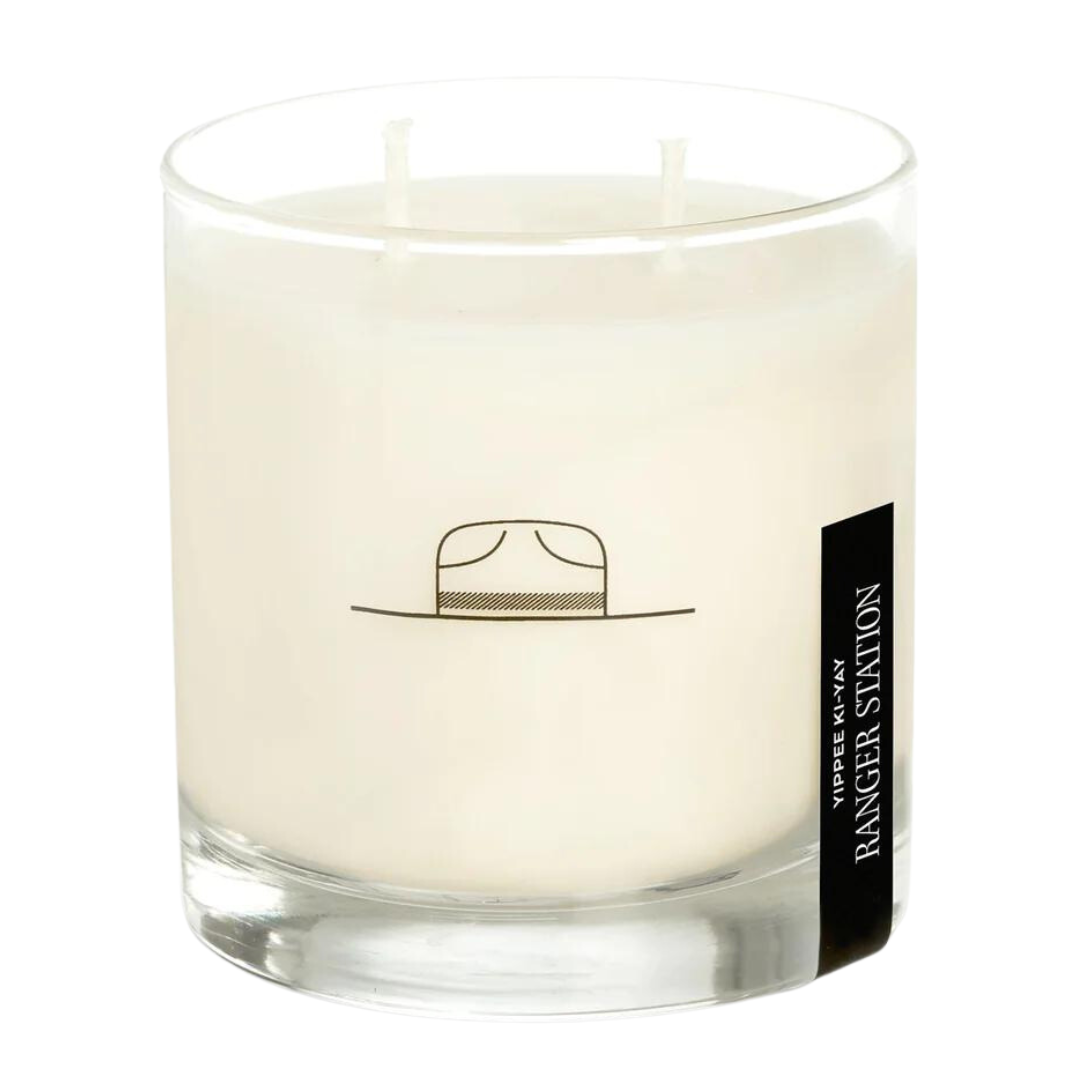 8 oz Yippee Ki-Yay candle, smoak, honey, cedarwood, clove and rose. In reusable rocks glass. 