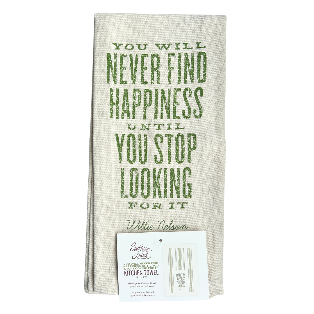 inspirational quote screen printed on cotton kitchen towel in green.
