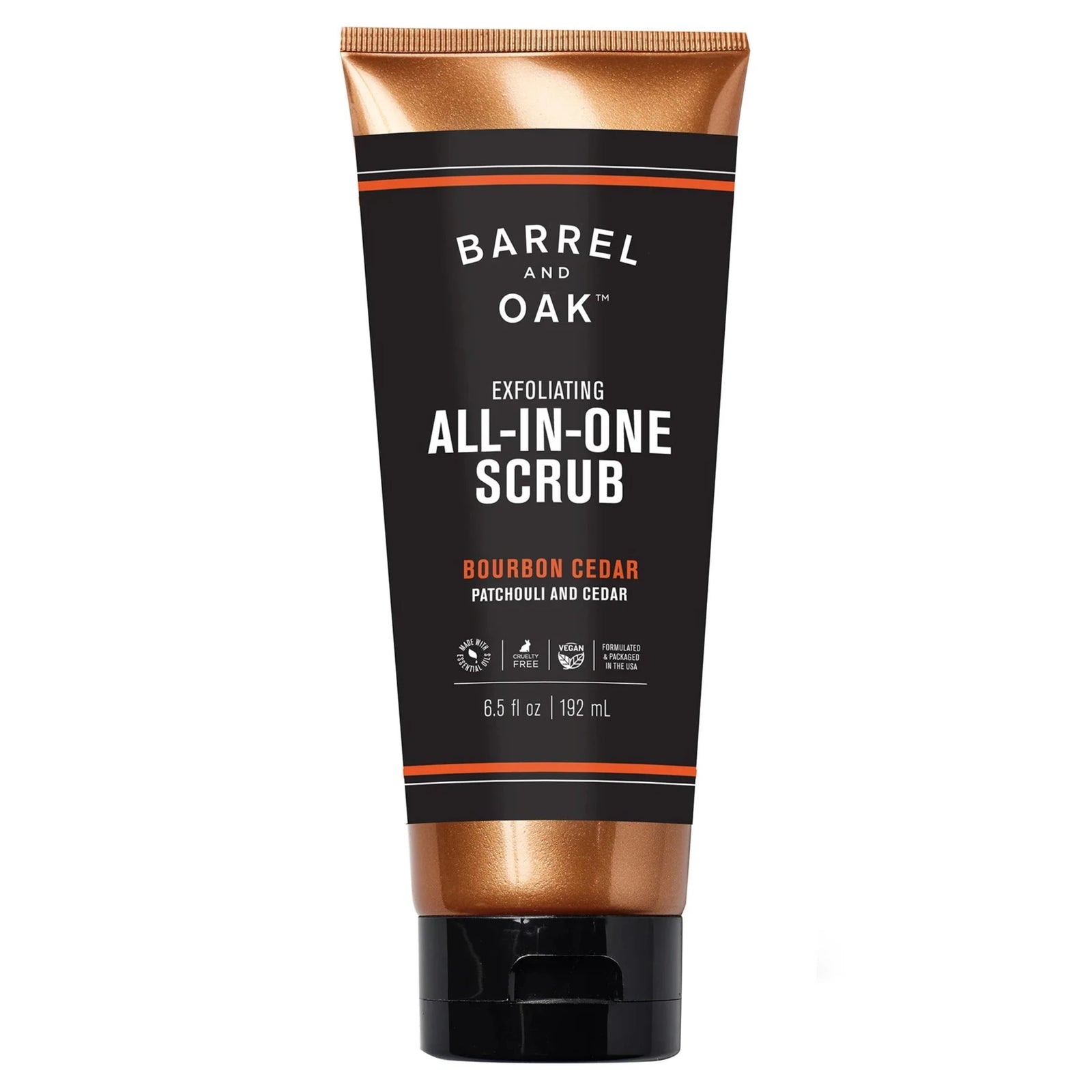 6.5 oz of All-In-One body wash, scented Bourbon Cedar.