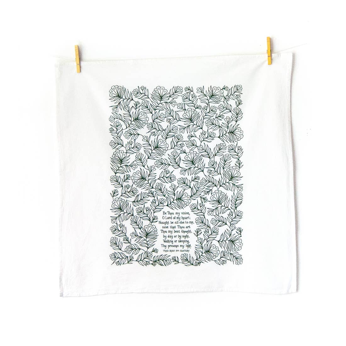 cotton kitchen towel floral design and hymn lyrics.